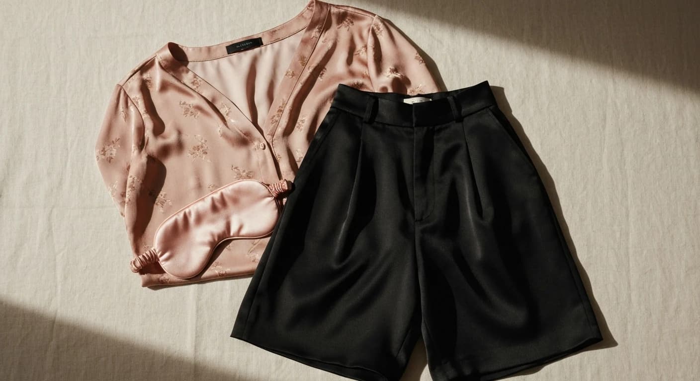 Flat-lay Eluvienne – hodvábna košeľa a čipkované nohavičky na ľane