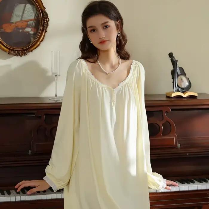 Chemise de nuit en coton à manches longues pour femmes, chemise de nuit à col rond simple, chemise d
