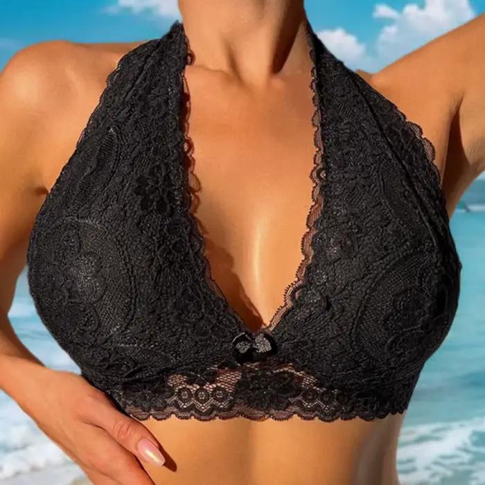 Soutien-gorge à bretelles suspendu au cou pour femmes, Sexy, avec motif en dentelle florale, Push Up