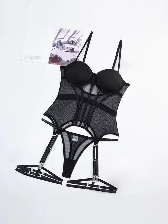 Belamimi Ensemble de lingerie de luxe 3 pièces pour femme, body dos nu avec jarretière, robes sexy, 