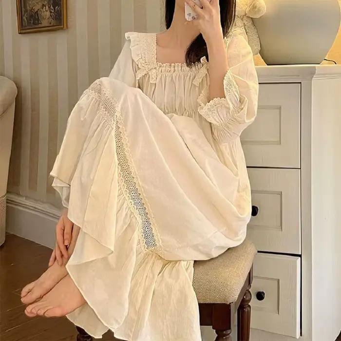 Chemise de nuit brodée vintage à manches longues pour femmes, chemise de nuit confortable, coton dou