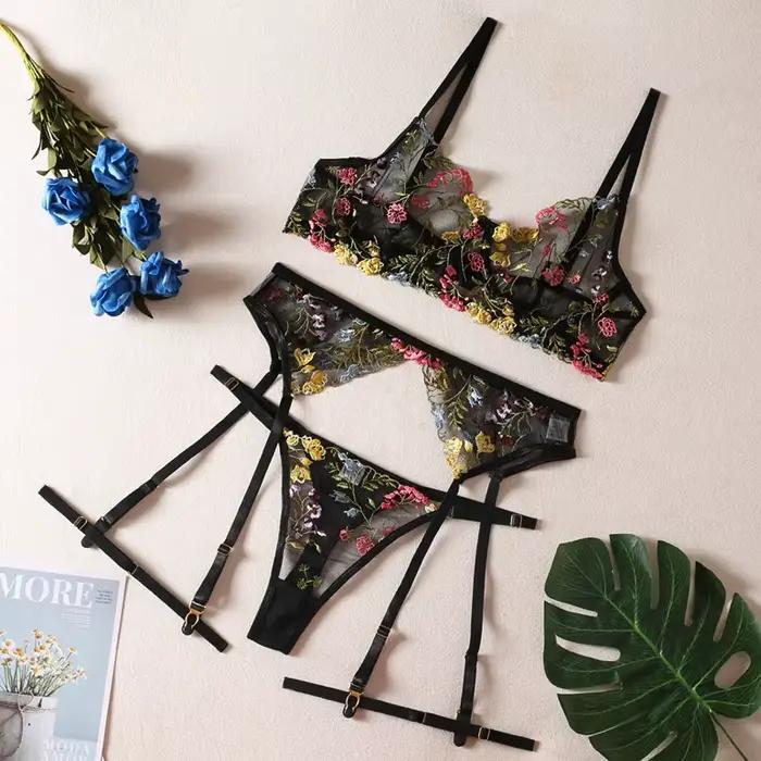 HIMEALAVO Lingerie sensuelle sous-vêtements en dentelle broderie transparente jarretelles 3 pièces f