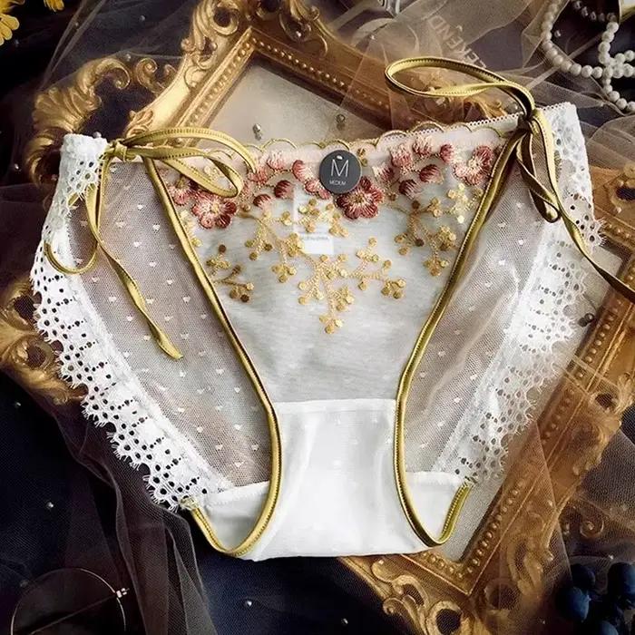 Culotte Vintage Femme en Dentelle Florale, Sexy, Évidée, en Soie Respirante, Taille Moyenne, Effet P