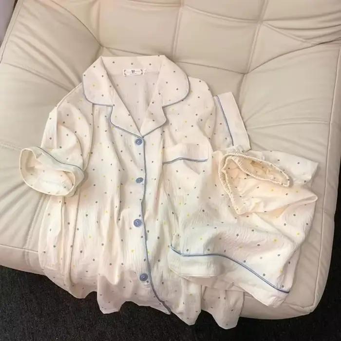 Pyjama imprimé à pois pour femmes, ensemble de pyjama en coton, haut et short, ensemble 2 pièces, te