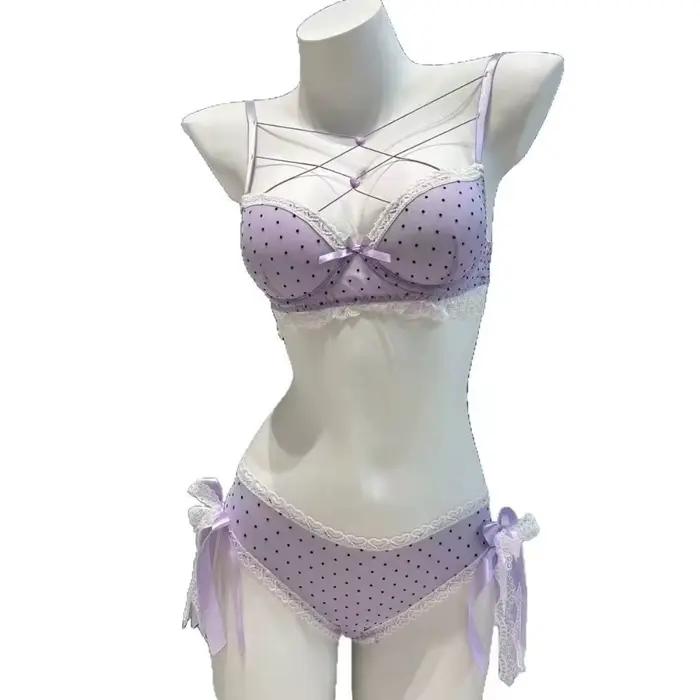 Ensemble de lingerie en dentelle à pois doux, soutien-gorge push-up sexy à lacets en forme de cœur e