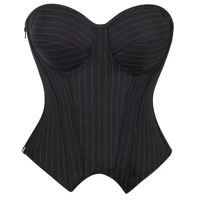 Corset Overbust avec Soutien-Gorge pour Femme, Noir, Rayé, à Lacets, en Plastique, Désossé, Haut, Fe