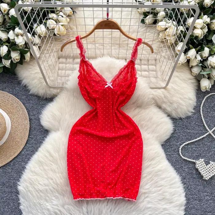 Foamlina 2025 été maille moulante Mini robe pur désir fille chaude licou à pois taille cintrée jupe 