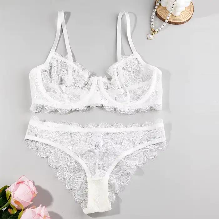 Ensemble soutien-gorge à armatures et culotte en dentelle pour femme, push-up, ultra-transparent, do