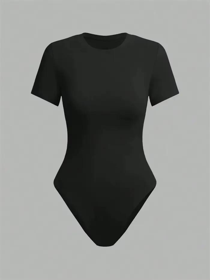 Body basique à manches courtes pour femmes, couleur unie, col rond, moulant, barboteuse, chemisier, 