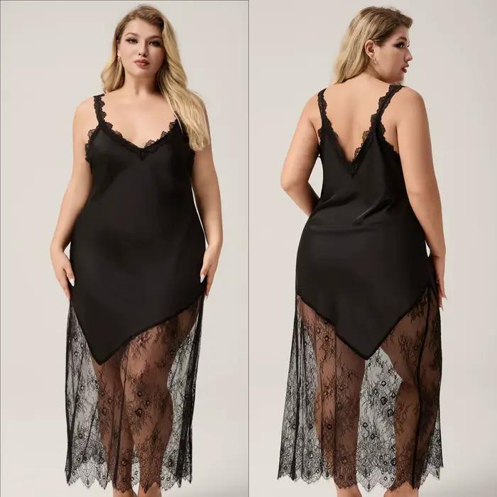 Été noir vêtements de nuit Sexy grand dentelle ourlet chemise de nuit femmes longue chemise de nuit 
