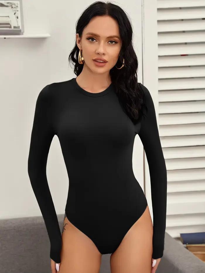 Body noir à manches longues et col rond, haut ajusté côtelé extensible et sexy pour femme, idéal pri