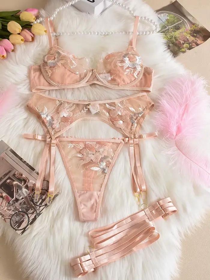 Belamimi 4 pièces ensemble de Lingerie Sexy costume Perspective broderie soutien-gorge ensemble pour