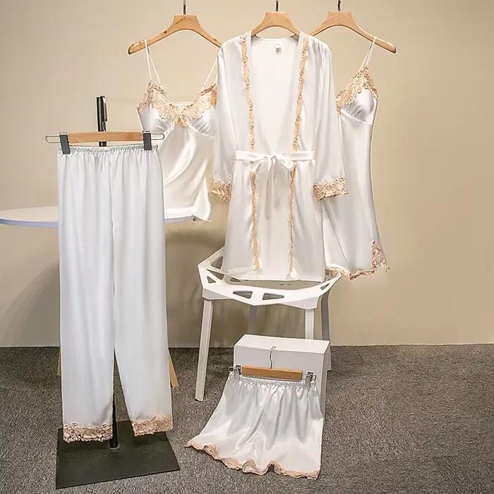 Nouvel Ensemble de Pyjama de Luxe en Satin 5 Pièces pour Femme 2025 – Vêtements de Nuit Soyeux avec 