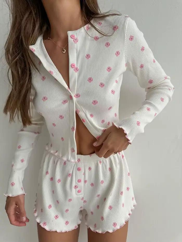 Ensemble pyjama côtelé en tricot pour femme, imprimé floral, haut à manches longues et short, vêteme