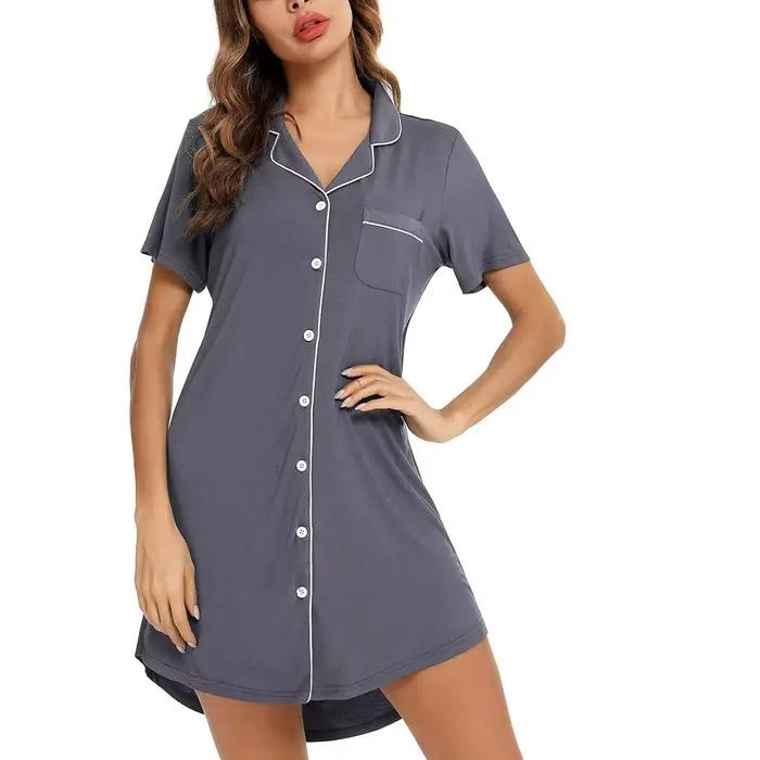 Chemise de nuit boutonnée à manches courtes pour femmes, chemise de nuit monochrome, vêtements de nu