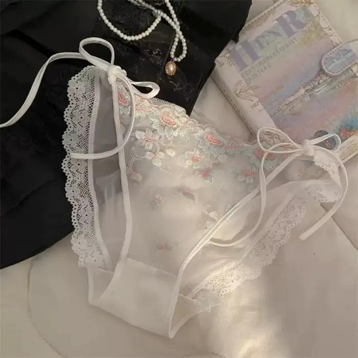 Culottes transparentes brodées à fleurs taille basse pour femme, lingerie douce en coton avec entrej