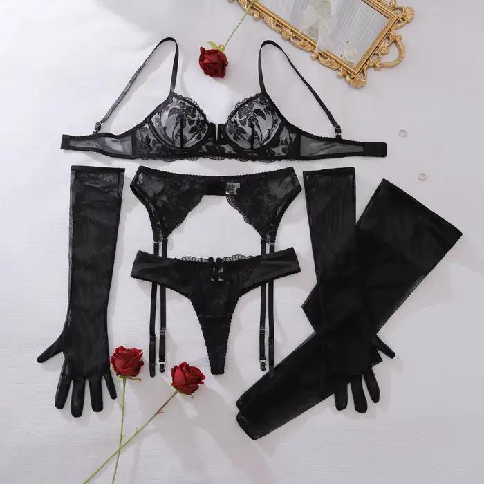 Ellolace Lingeries séduisantes Sexy soutien-gorge Premium chaud 3 pièces ensemble avec gants et bas 