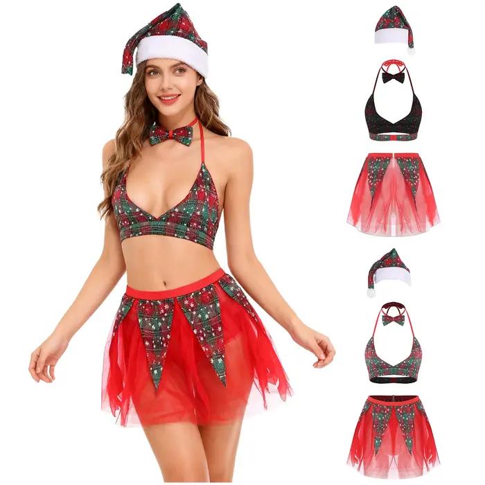 Ensemble de Lingerie Sexy de noël pour femmes, soutien-gorge à carreaux avec mini-jupe en Tulle, cha