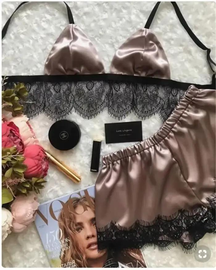 Leechee-Pyjama Sexy en Satin pour Femme, Ensemble Confortable, Vêtements de Maison, Soutien-Gorge et