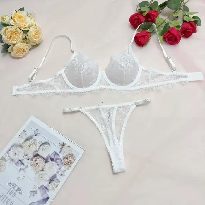 Ensemble soutien-gorge et culotte en dentelle transparente pour femmes, Lingerie basique et Sexy, ci