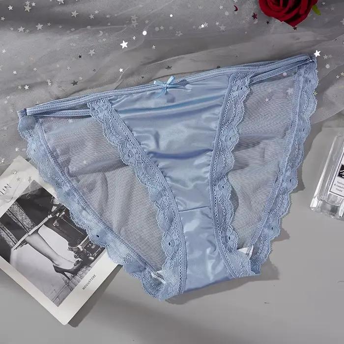 Culotte en maille Sexy pour femmes, slip ajouré en Satin, demi-paquet, sous-vêtement respirant, lége
