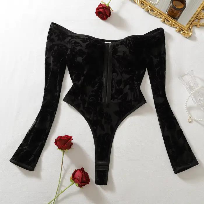 Ellolace Lingerie Sexy Femme Ultra Hot, Body Sensuel à Manches Longues et Épaules Dénudées, Entrejam