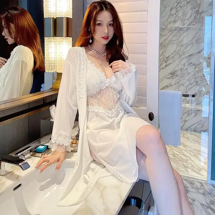 Pyjama sexy en velours pour femme – Robe d'hiver et d'automne à manches longues et chemise de nuit à