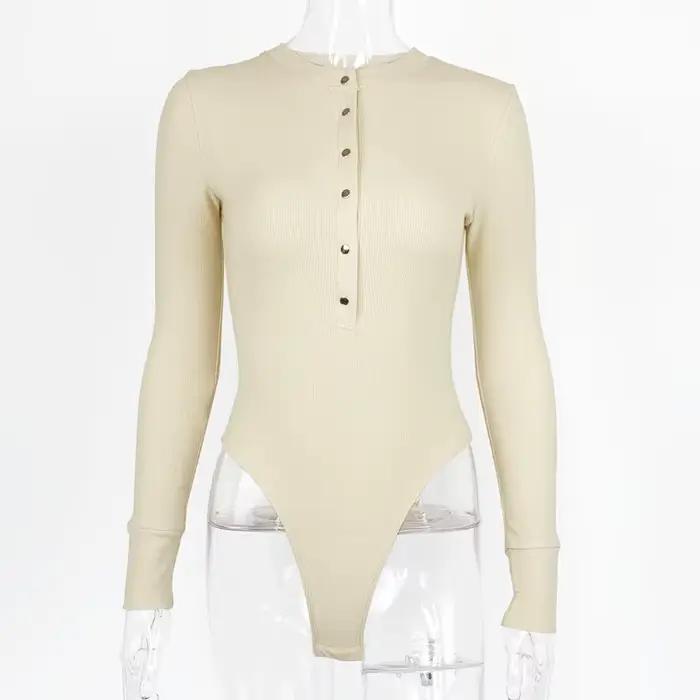 2026 Body en coton tricoté pour femme, uni, sexy, col en V, manches longues, basique, boutonné, en m