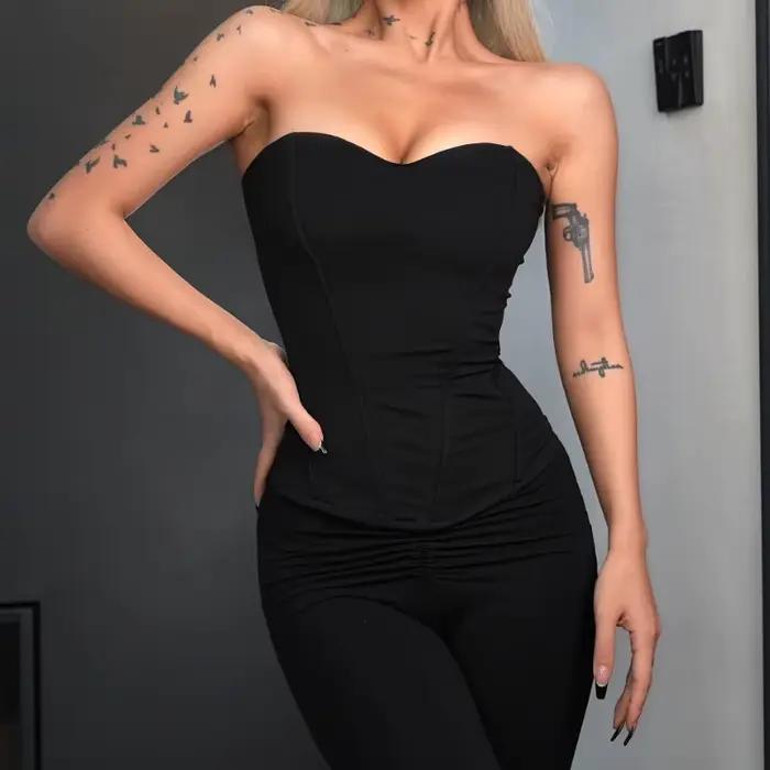 Bustier élégant avec fermeture à glissière au dos pour femme, caraco sexy, haut tubulaire désossé av