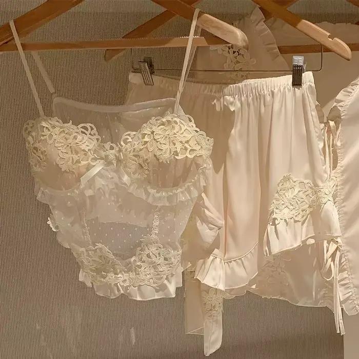 Ensemble pyjama 4 pièces pour femmes, vêtements de maison élégants, vêtements de nuit en Satin soyeu