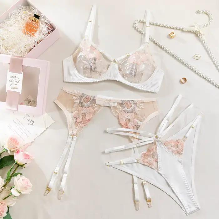 Ensemble de lingerie brodée florale de style français, soutien-gorge et culotte transparents ajourés
