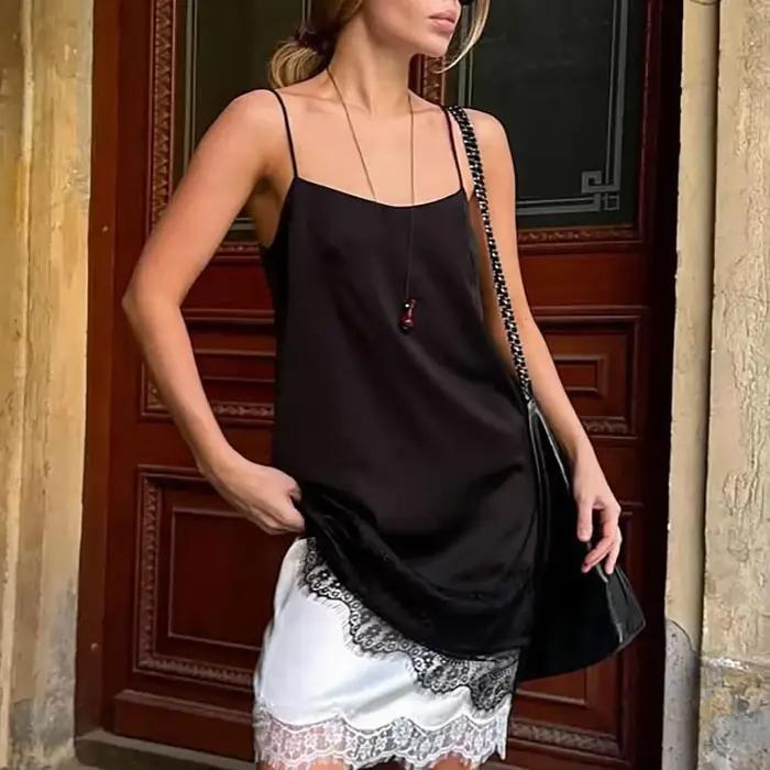 Robe à bretelles en dentelle noire pour femmes, sans manches, superposée, vêtements de nuit élégants