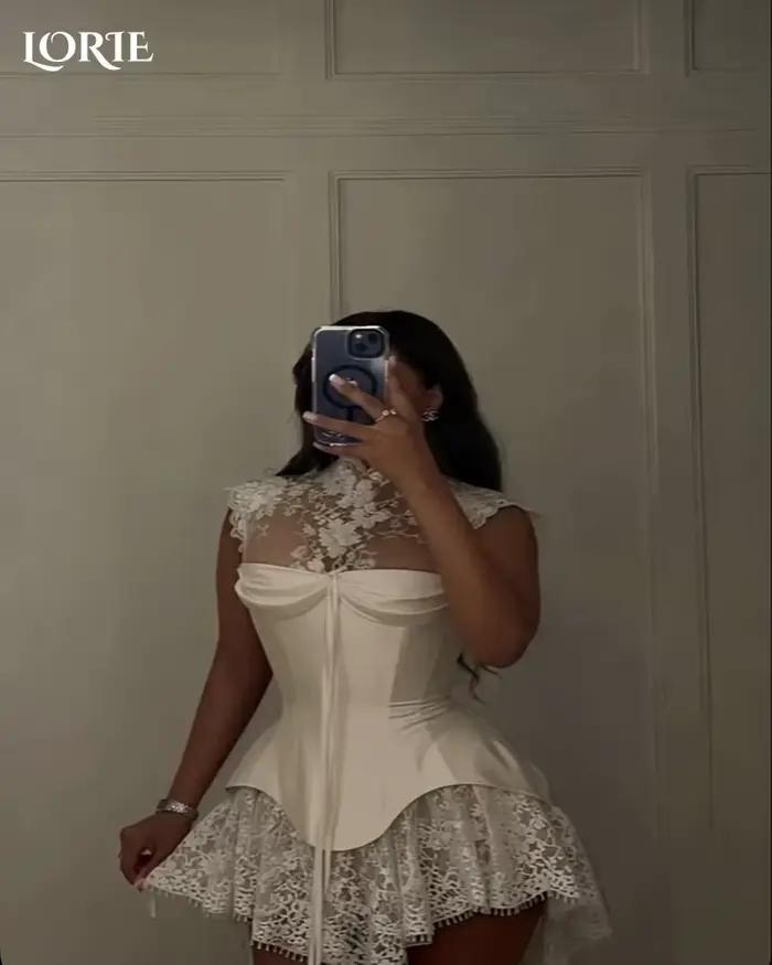 LORIE – Mini robes de mariée sexy en dentelle, col haut, appliques, manches longues, robes de mariée