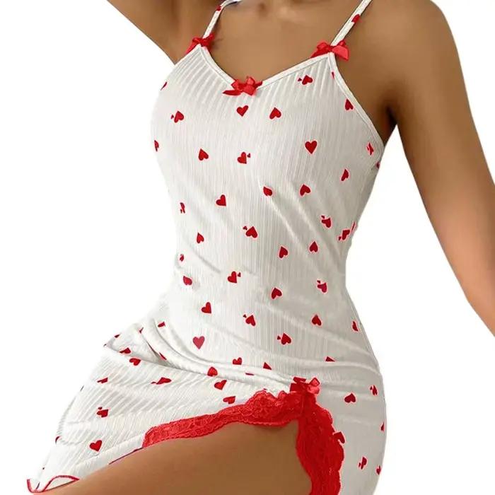 Chemise de nuit sexy pour femme, robe de nuit en dentelle, camisole à nœud et imprimé cœur, robe de 
