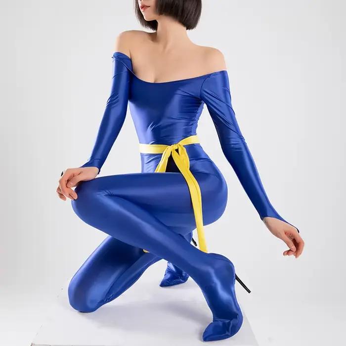 Body soyeux brillant en satin à manches longues pour femmes, costume complet de batterie, barboteuse