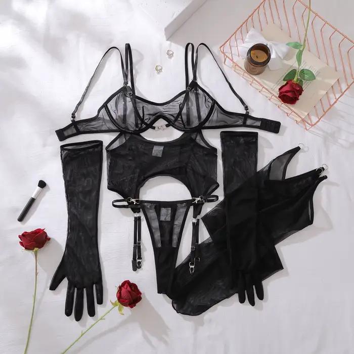 Ellolace – Ensemble de lingerie solide pour femmes, soutien-gorge transparent séduisant, string, 3 p