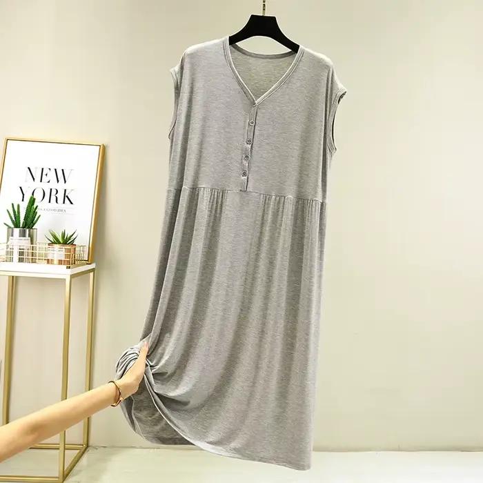 Buttons Large Size Loose Nightgowns For Women Sexy V Neck Sleeveless Long Dress Summer Nightdress Fe