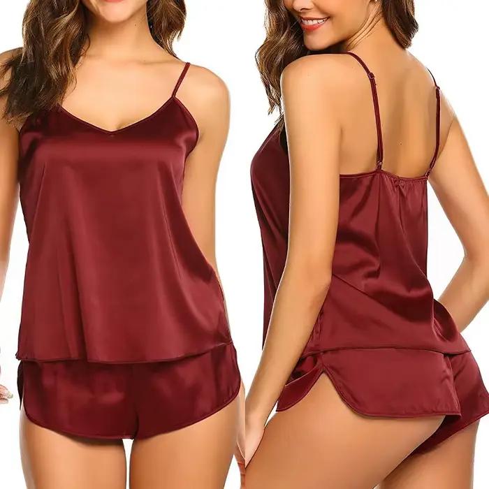 Ensemble pyjama en Satin pour femmes, Lingerie Sexy, Camisole, vêtements de nuit, confortable, ensem