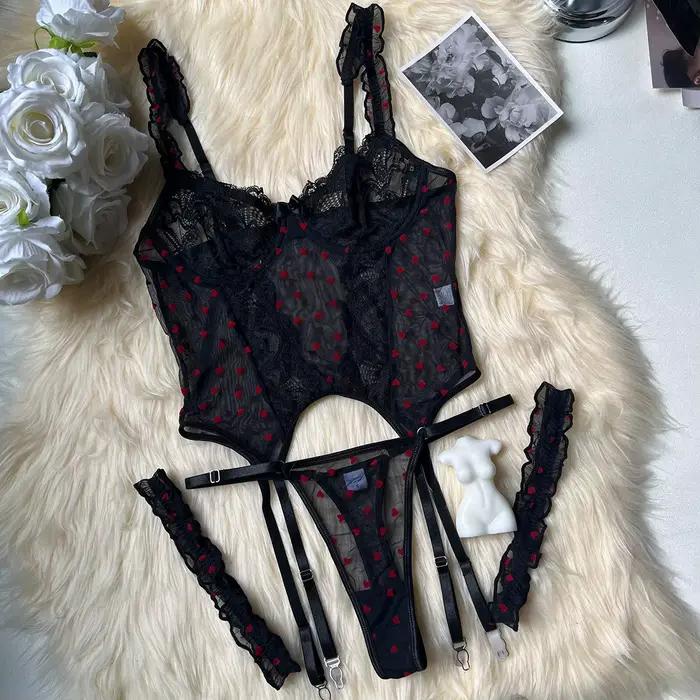 Ensemble soutien-gorge et porte-jarretelles pour femmes, Lingerie Sexy, Bustier en dentelle, culotte