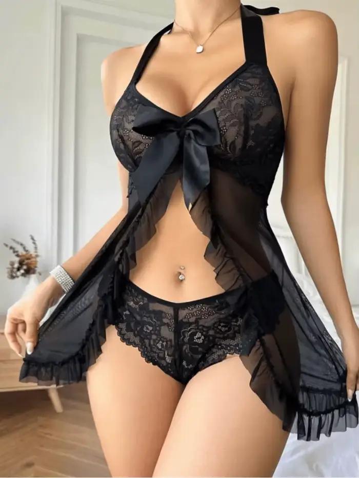 Lingerie sexy pour femmes, vêtements de nuit sans entrejambe, robe en dentelle, soutien-gorge ouvert