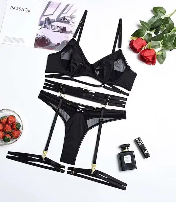 Ensemble de sous-vêtements en dentelle pour femmes, Lingerie sensuelle, slip Bilizna délicat, jarret