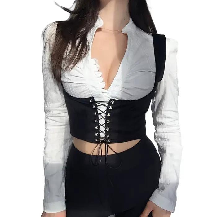 Femmes Corset Bustier haut court à lacets pansement noir gothique en cuir sous le buste jarretelle C