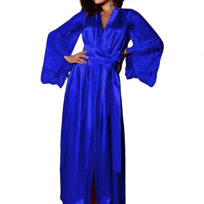 Chemise de nuit transparente pour femmes, pyjama à manches longues, dentelle, Satin, couleur unie, m