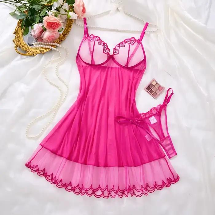 Robe de nuit pour femme en tulle rouge rose, sexy, sans manches, pyjama d'été, broderie cœur, nuiset