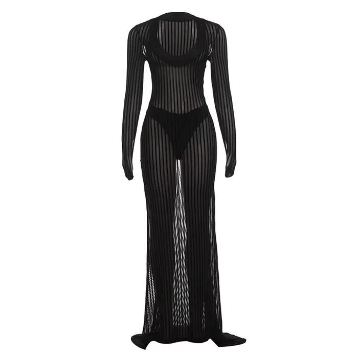 Nibber Club Sexy Voir À Travers Longue Robe Femme Rayure Patchwork Col Bas À Manches Complètes Chaud