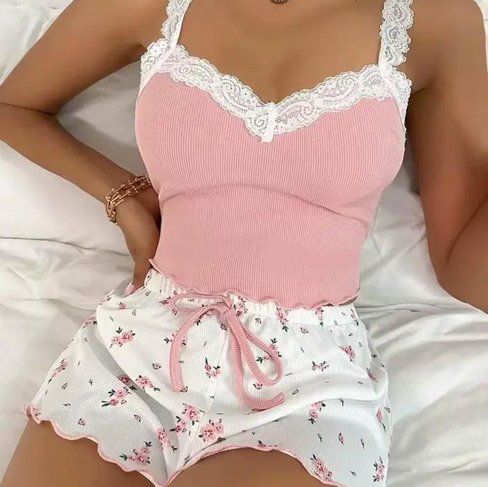 Femmes 2psc pyjama ensemble rose dentelle Patchwork col en v vêtements de nuit Sexy nuisettes costum