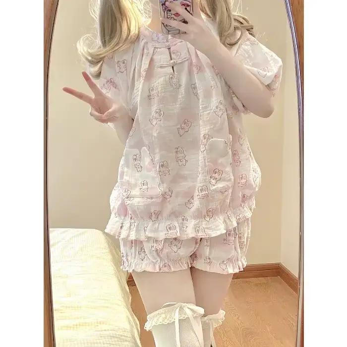 Kawaii Lolita Style lapin imprimé pyjamas ensemble Girly mignon à manches courtes hauts Shorts costu
