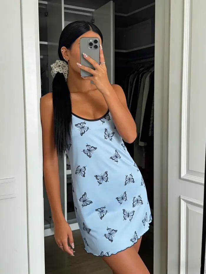 Chemise de nuit pour femmes, bretelles spaghetti, col rond à volants, vêtements de maison, imprimé p
