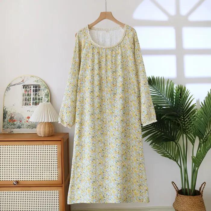 Chemise de nuit de saison douce à manches longues pour femmes, chemise de nuit en coton, vêtements d
