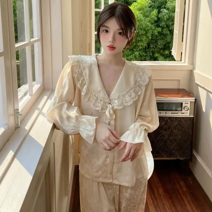 Femme dentelle garniture grand revers 2 pièces Pyjamas ensemble maison vêtements élégant Jacquard Py